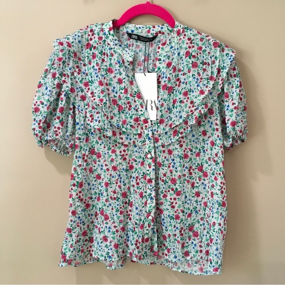 zara ruffle blouse top floral printed button short sleeve green white - Picture 2 of 6
